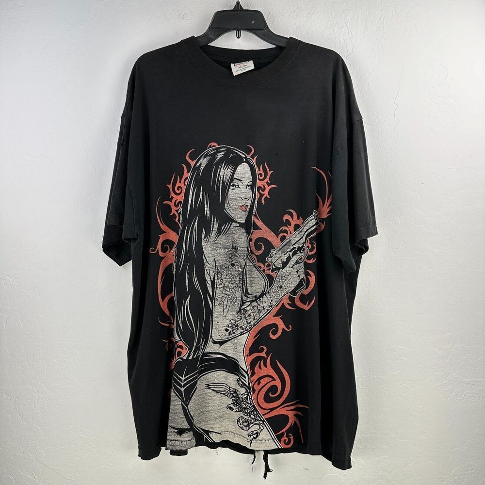 Tattoo Pin Up Girl Tshirt Mens 3XL Black Red Grunge Streetwear‎ Y2K Mall Goth